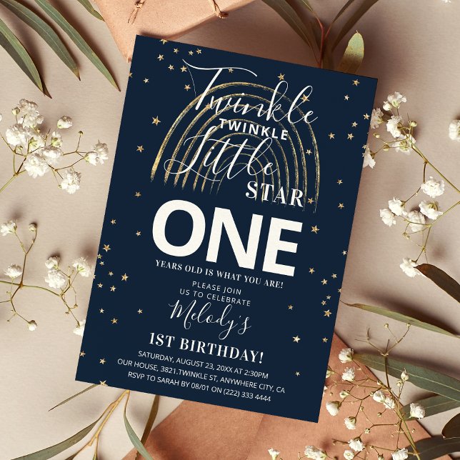 Invitation Twinkle Gold Star & Rainbow 1er anniversaire (Créateur téléchargé)