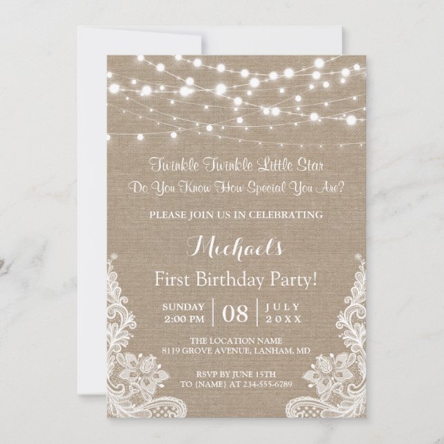 Invitation Twinkle Lights Burlap Lace Premier anniversaire fê (Devant)