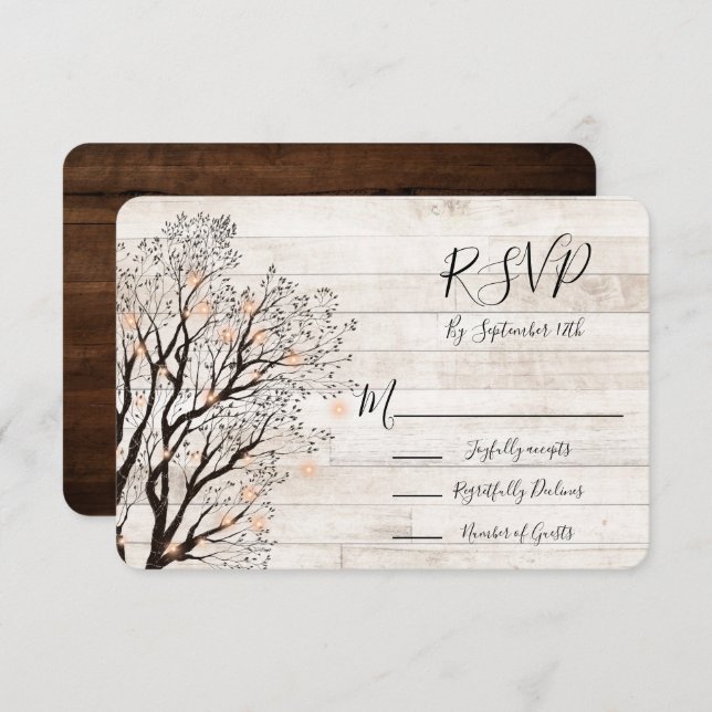 Invitation Twinkle Lights Tree Rustic Wood Wedding RSVP (Devant / Derrière)