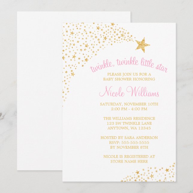 Invitation Twinkle Little Shooting Star Gold Baby shower rose (Devant / Derrière)