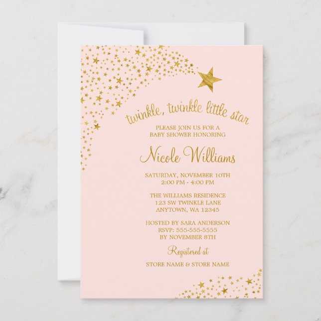 Invitation Twinkle Little Shooting Star Pink Gold Baby shower (Devant)