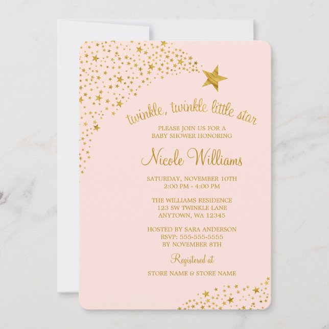 Invitation Twinkle Little Shooting Star Pink Gold Baby shower (Devant)