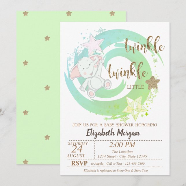 Invitation Twinkle Little Star, Baby Bear Baby shower vert (Devant / Derrière)