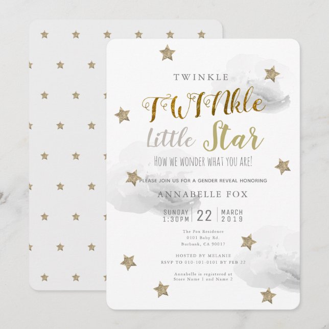 Invitation TWINkle Little Star Baby shower de révélation de g (Devant / Derrière)