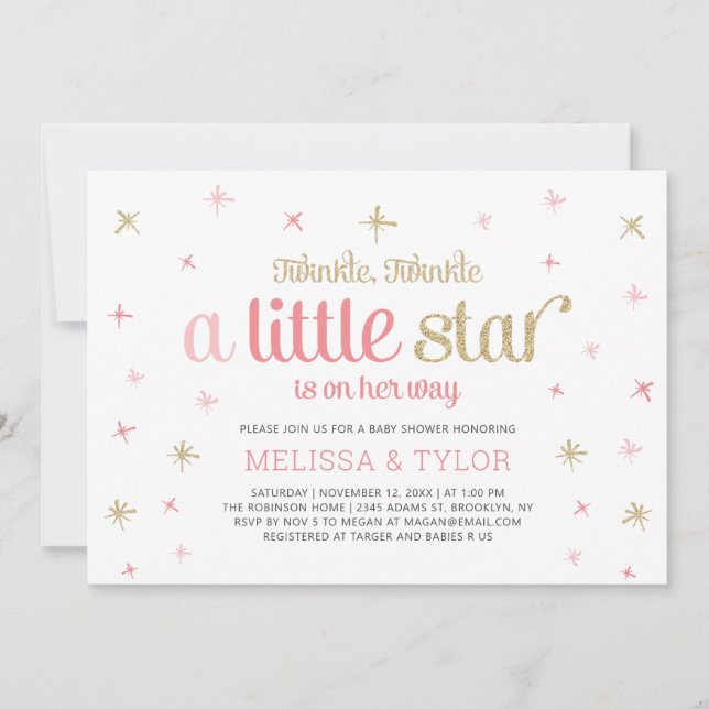 Invitation Twinkle Little Star Baby shower fille, saupoudrer (Devant)