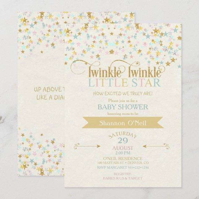 Invitation Twinkle Little Star Baby shower Gold Aqua (Devant / Derrière)