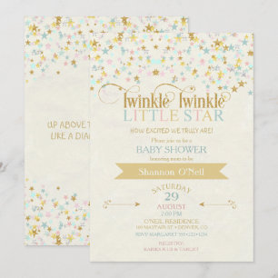 Invitation Twinkle Little Star Baby shower Gold Aqua