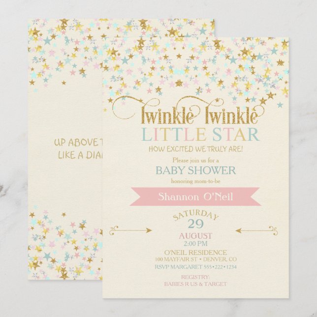 Invitation Twinkle Little Star Baby shower Gold Aqua rose (Devant / Derrière)