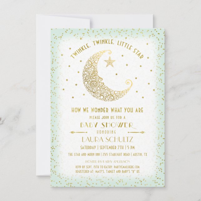 Invitation Twinkle Little Star Baby shower Gold/Mint (Devant)