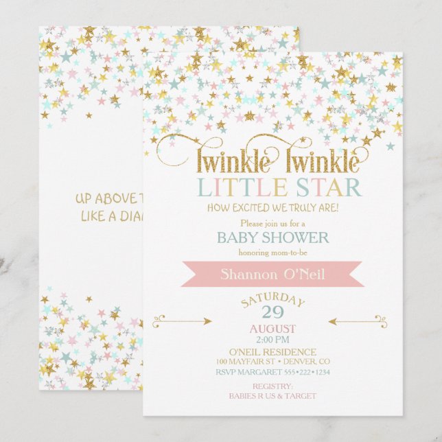 Invitation Twinkle Little Star Baby shower N'importe quelle c (Devant / Derrière)