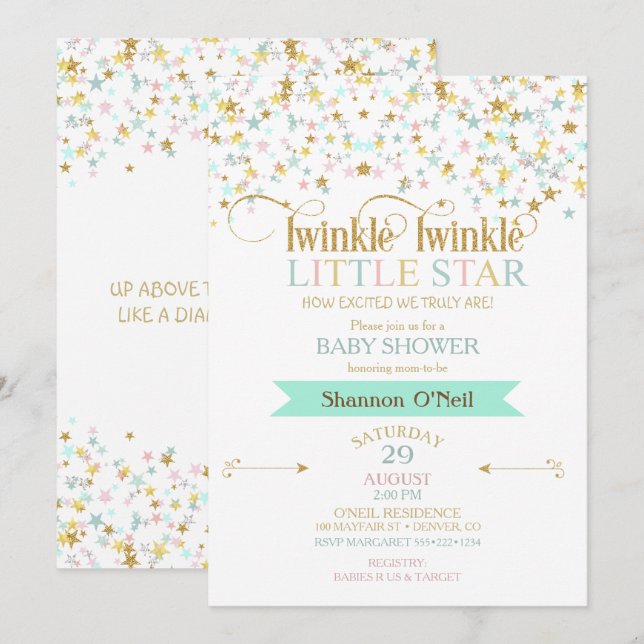 Invitation Twinkle Little Star Baby shower N'importe quelle c (Devant / Derrière)