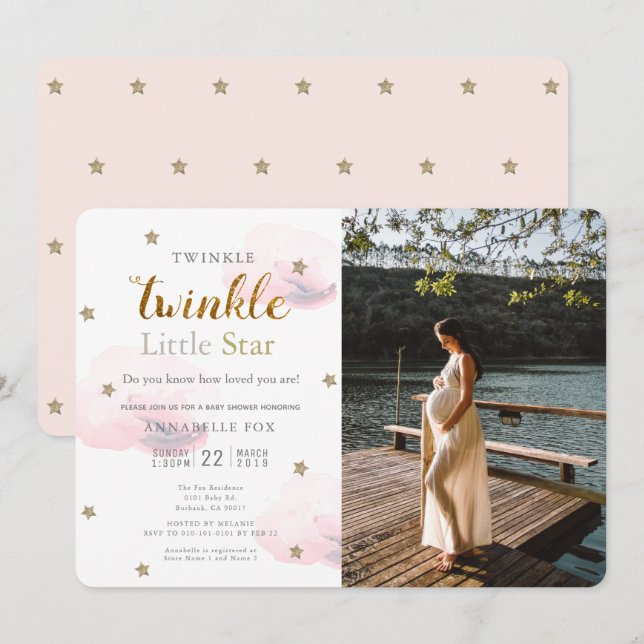 Invitation Twinkle Little Star Baby shower photo rose (Devant / Derrière)