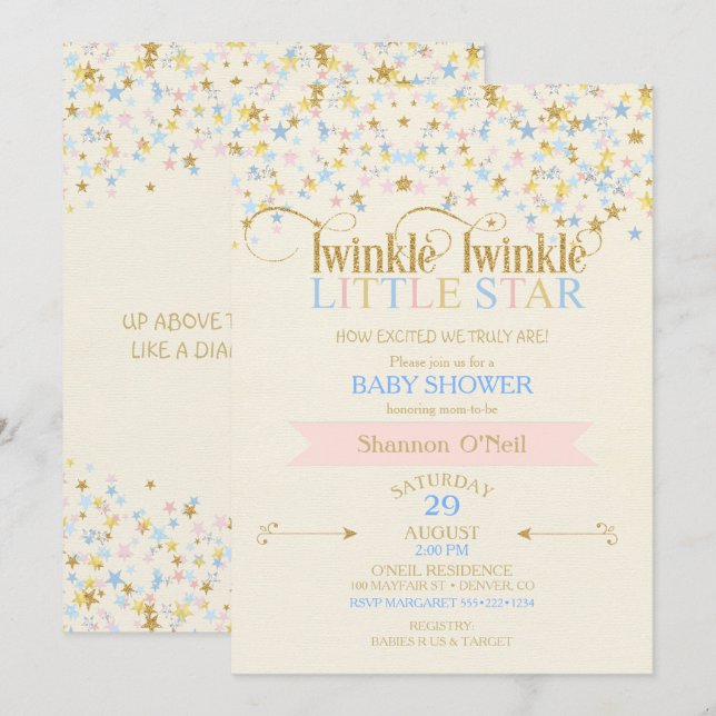 Invitation Twinkle Little Star Baby shower rose & bleu (Devant / Derrière)