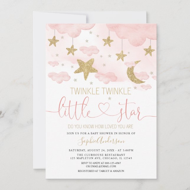 Invitation  Twinkle Little Star Baby shower rose or (Devant)
