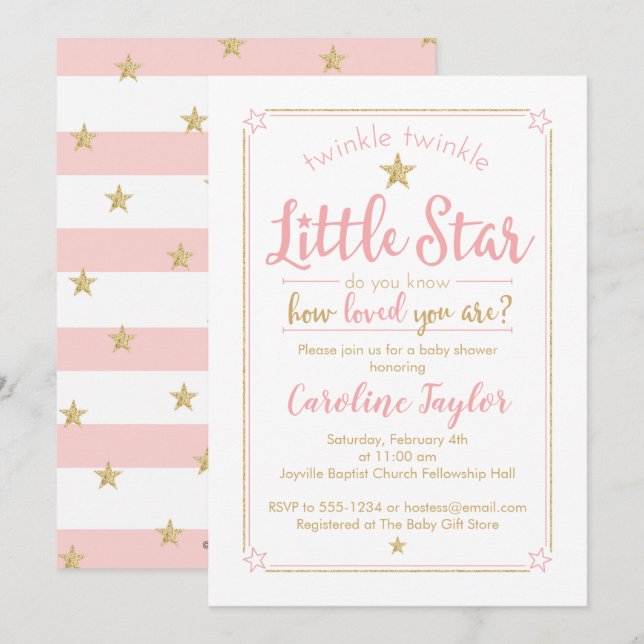 Invitation Twinkle Little Star Baby shower rose Or (Devant / Derrière)