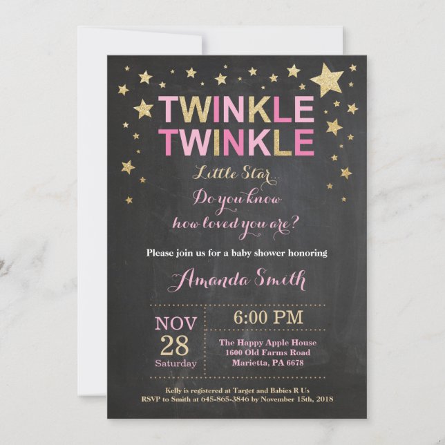 Invitation Twinkle Little Star Baby shower rose or (Devant)