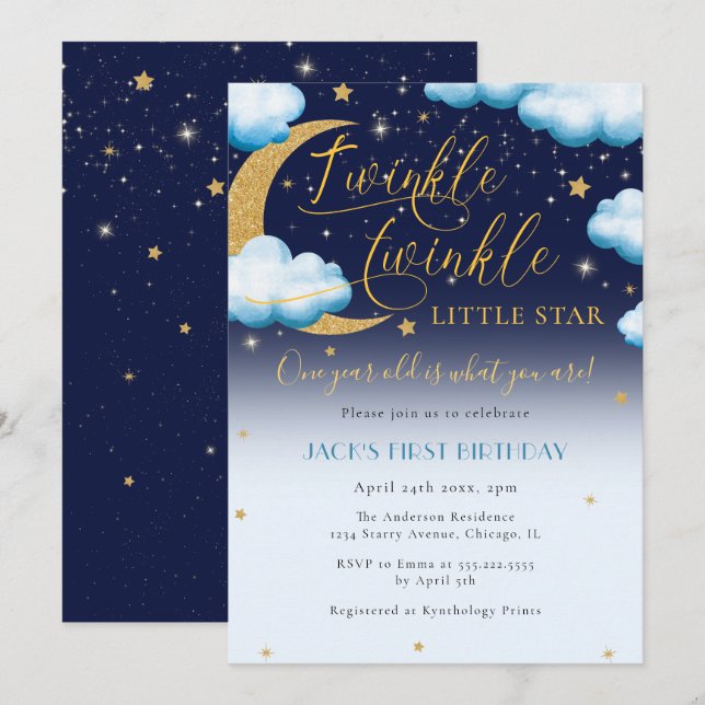 Invitation Twinkle Little Star Blue Boy Premier anniversaire (Devant / Derrière)