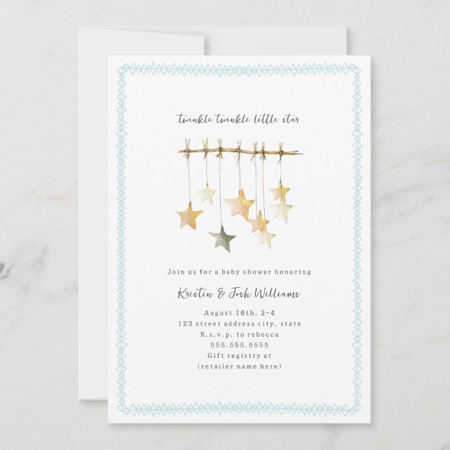 Invitation Twinkle Little Star Boho Blue Boy Baby shower (Devant)