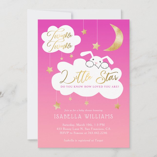 Invitation Twinkle Little Star Bunny Baby shower rose (Devant)