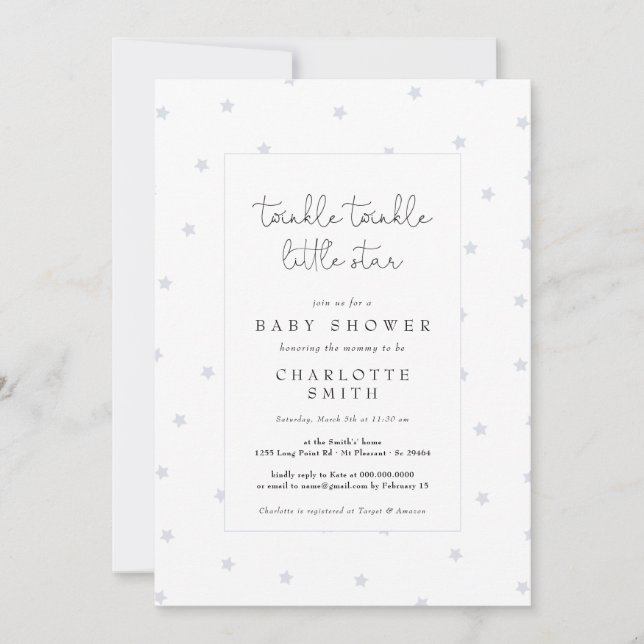 Invitation Twinkle Little Star Dusty Blue Elegant Baby shower (Devant)