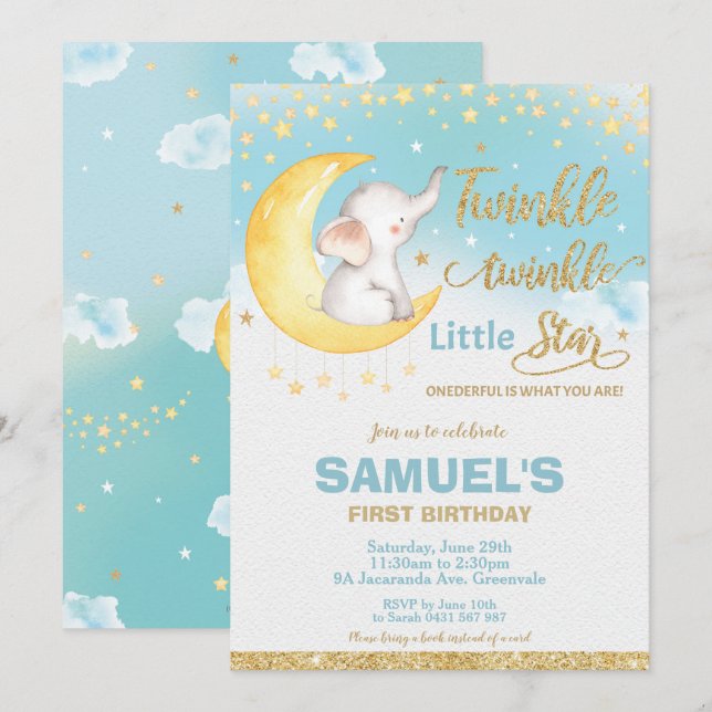 Invitation Twinkle Little Star Elephant 1er Birthday Boy (Devant / Derrière)