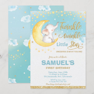 Invitation Twinkle Little Star Elephant 1er Birthday Boy