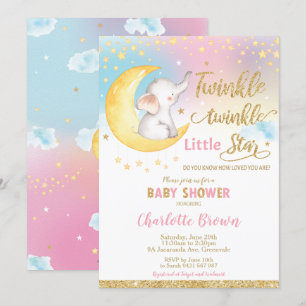 Invitation Twinkle Little Star Elephant Baby shower Girl