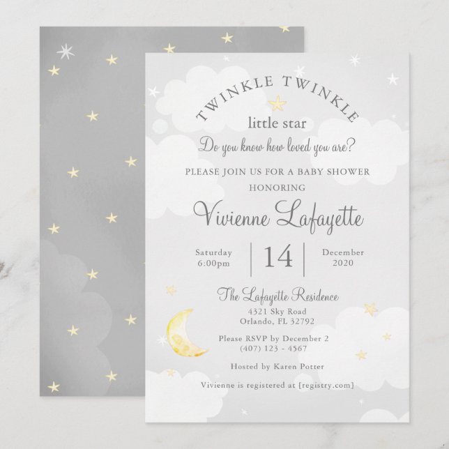 Invitation Twinkle Little Star et Moon Grey Baby shower (Devant / Derrière)