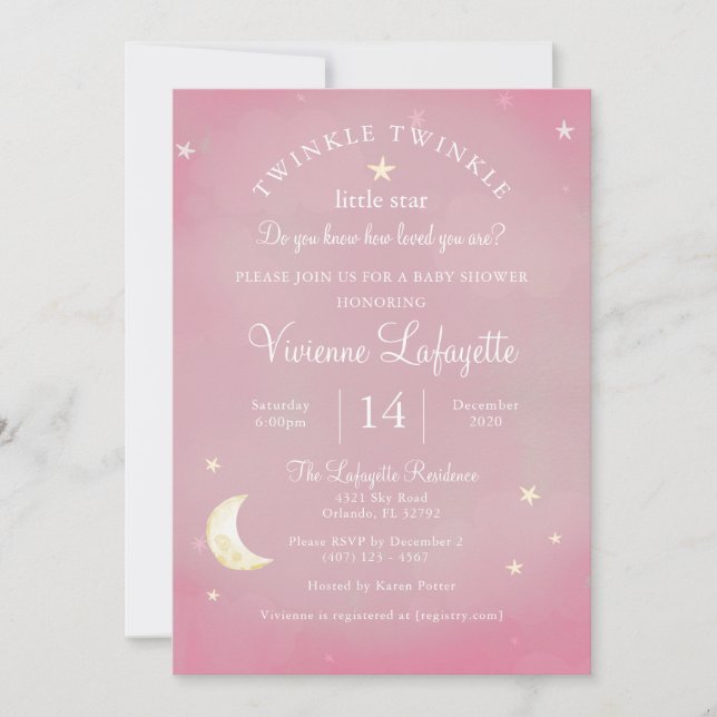 Invitation Twinkle Little Star et Moon Pink Baby shower (Devant)