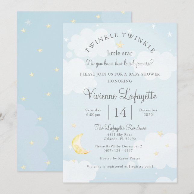 Invitation Twinkle Little Star et Moon Sky Baby shower bleu (Devant / Derrière)