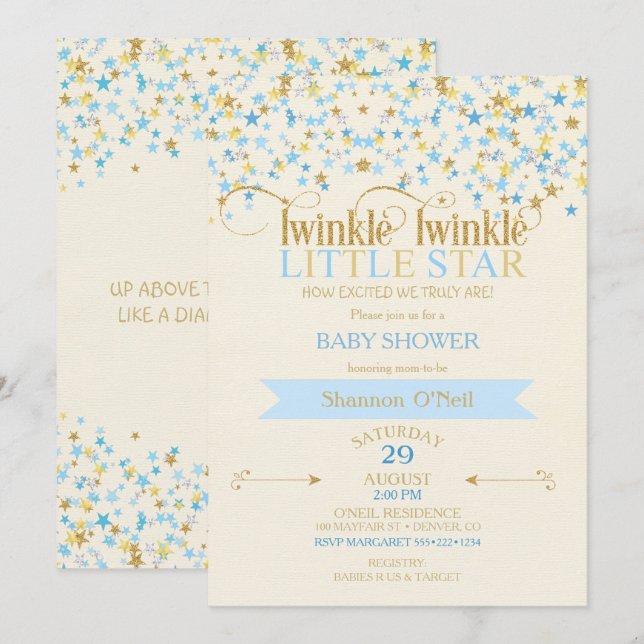 Invitation Twinkle Little Star Gold & Baby Blue Gold (Devant / Derrière)
