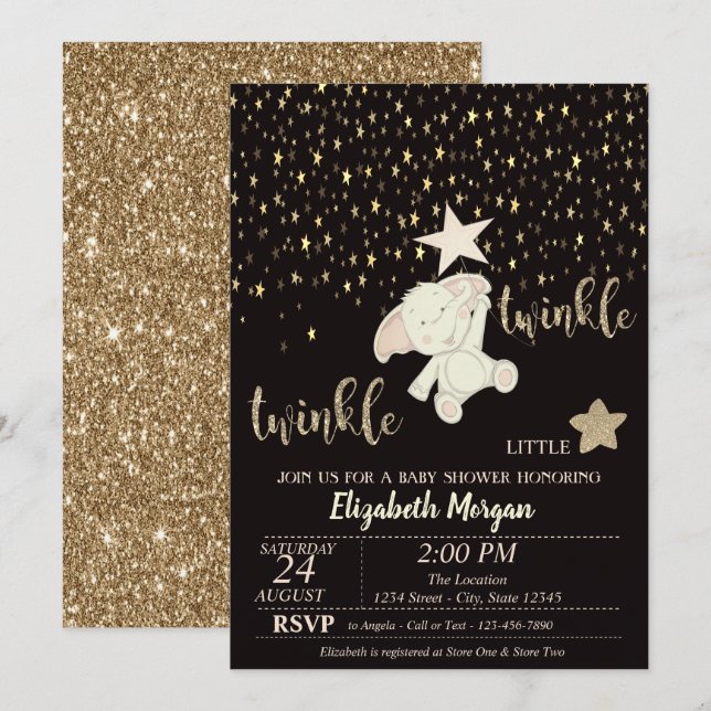 Invitation Twinkle Little Star Gold Parties scintillant, Baby (Devant / Derrière)