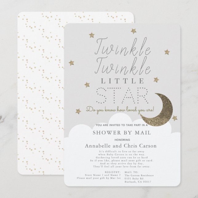 Invitation Twinkle Little Star Grey Baby shower par courrier (Devant / Derrière)