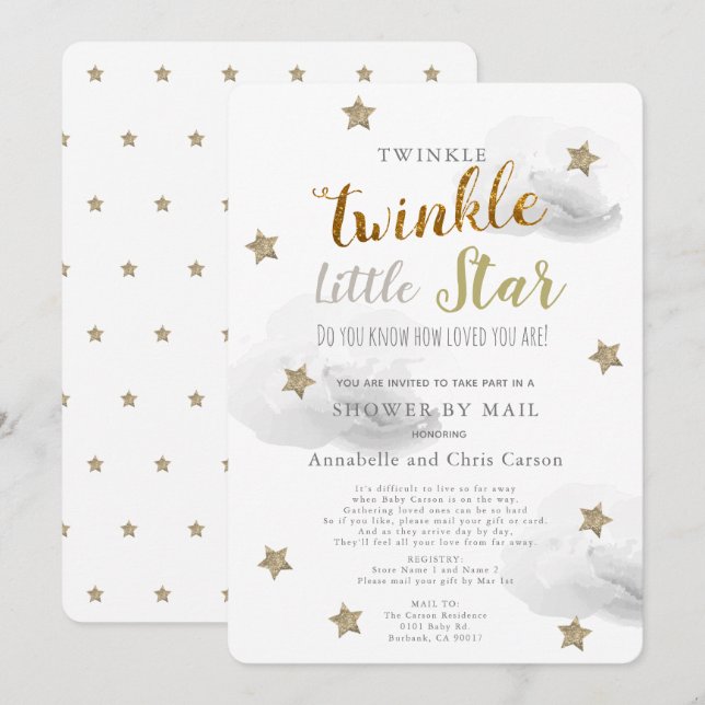Invitation Twinkle Little Star Grey Cloud Baby shower par cou (Devant / Derrière)