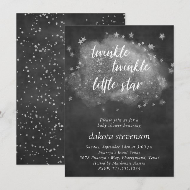 Invitation Twinkle Little Star | Gris de charbon et argent (Devant / Derrière)