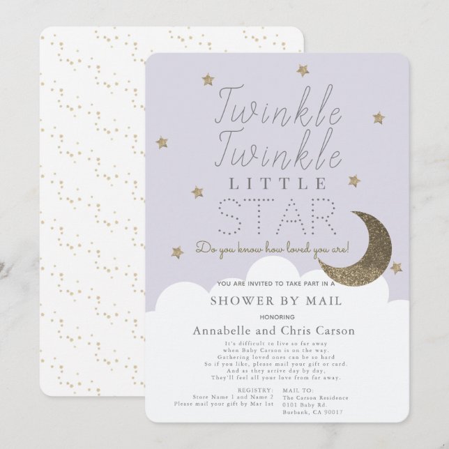 Invitation Twinkle Little Star Lilac Baby shower par courrier (Devant / Derrière)