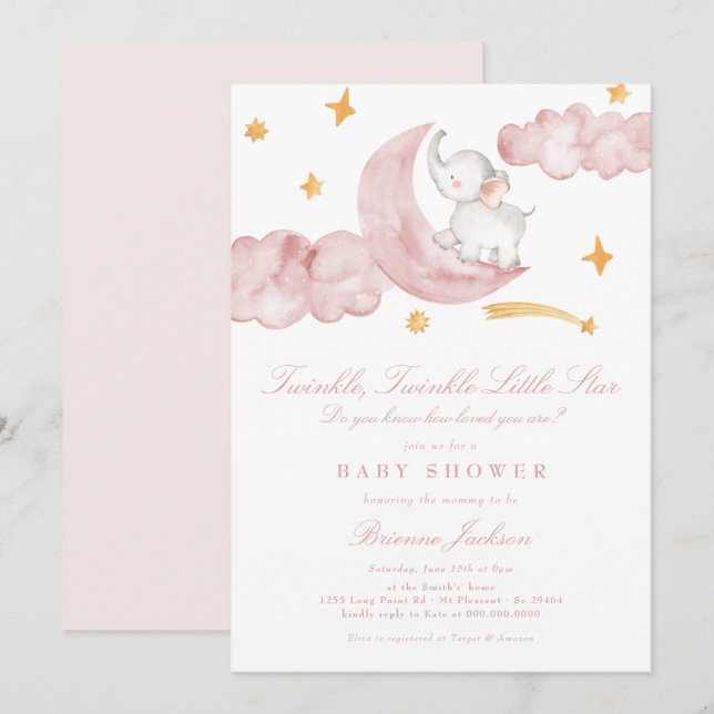 Invitation Twinkle Little Star Lune Baby shower fille rose (Devant / Derrière)
