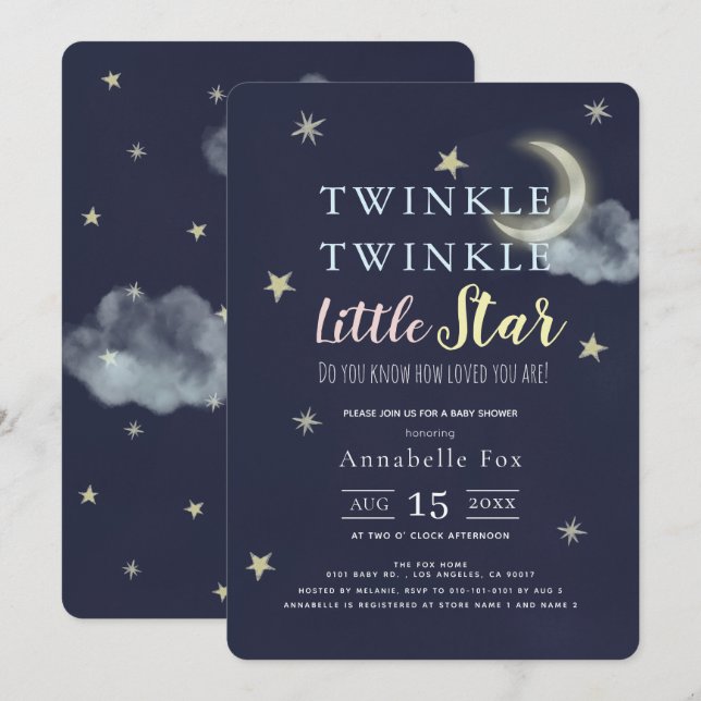 Invitation Twinkle Little Star Midnight Baby shower bleu (Devant / Derrière)