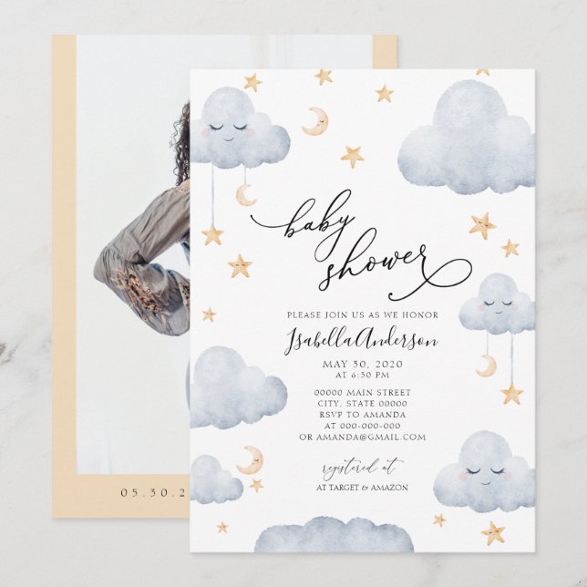 Invitation Twinkle Little Star Moon Baby shower bleu jaune (Devant / Derrière)