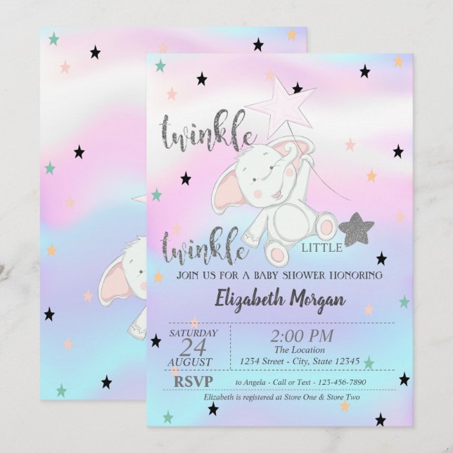 Invitation Twinkle Little Star, ours Baby shower holographiqu (Devant / Derrière)