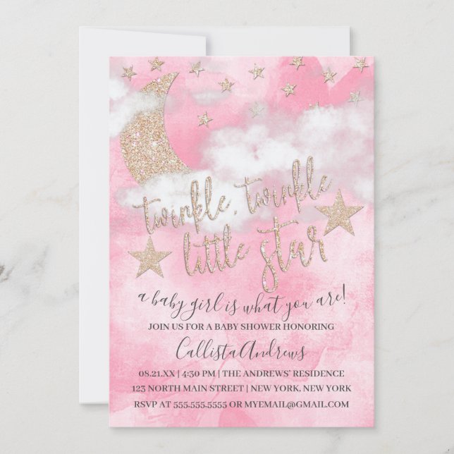 Invitation Twinkle Little Star Parties scintillant rose Baby  (Devant)