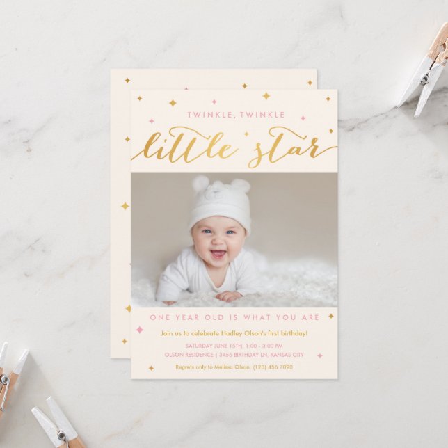 Invitation Twinkle Little Star Premier Anniversaire Invitatio (Devant/Arrière en situation)