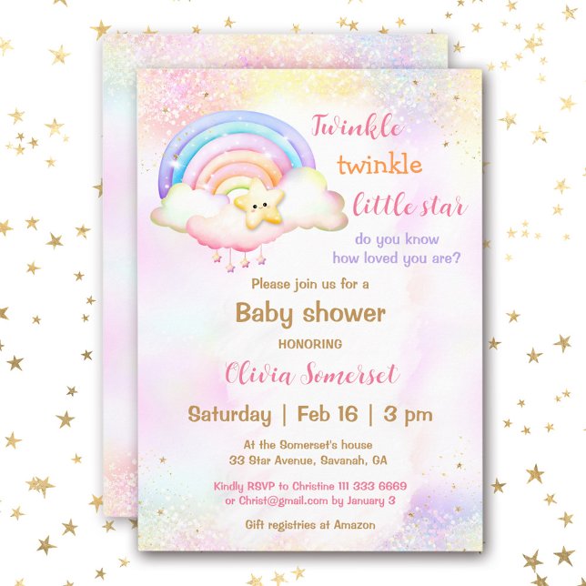 Invitation Twinkle Little Star Rainbow Girl Baby shower (Twinkle Little Star Rainbow Girl Baby Shower Invitation)