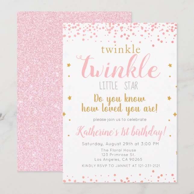 Invitation Twinkle Little Star Rose & Gold Girls 1er annivers (Devant / Derrière)