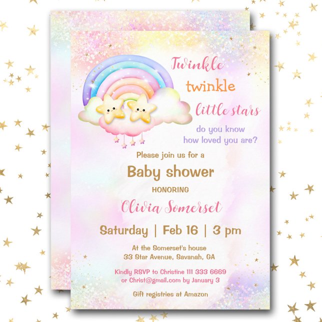 Invitation Twinkle Little Star Twins Baby shower arc-en-ciel (Twinkle Little Star Twins Rainbow Baby Shower Invitation)