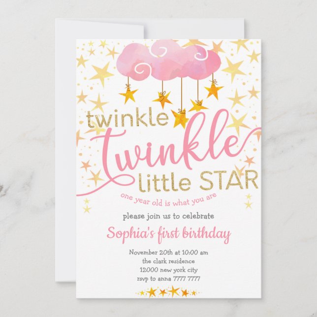 Invitation Twinkle Little Star Un an Baby Girl Birthday (Devant)