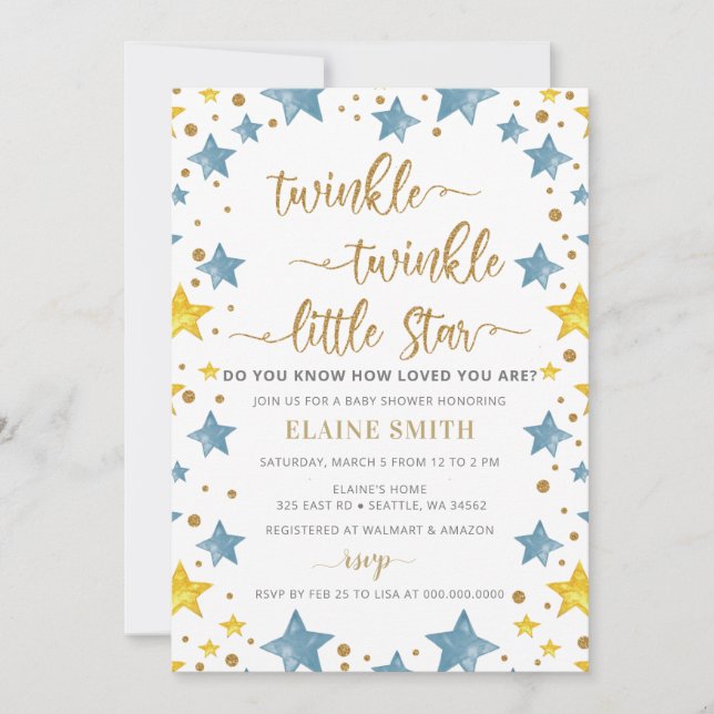 Invitation Twinkle petit Baby shower Star Gold Blue Boy (Devant)