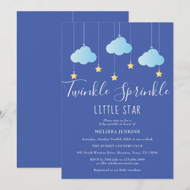 Invitation Twinkle Sprinkle Little Star Baby shower bleu (Devant / Derrière)