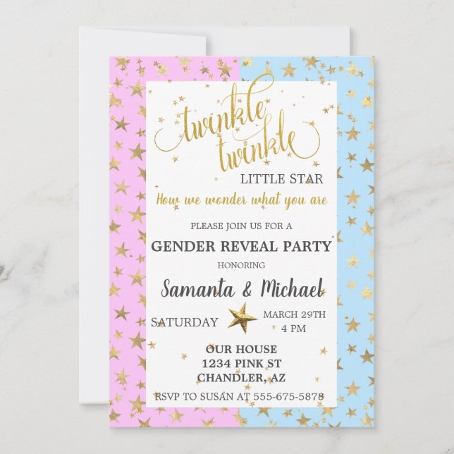 Invitation Twinkle Star Gold Metallic Genre Reveal Party (Devant)
