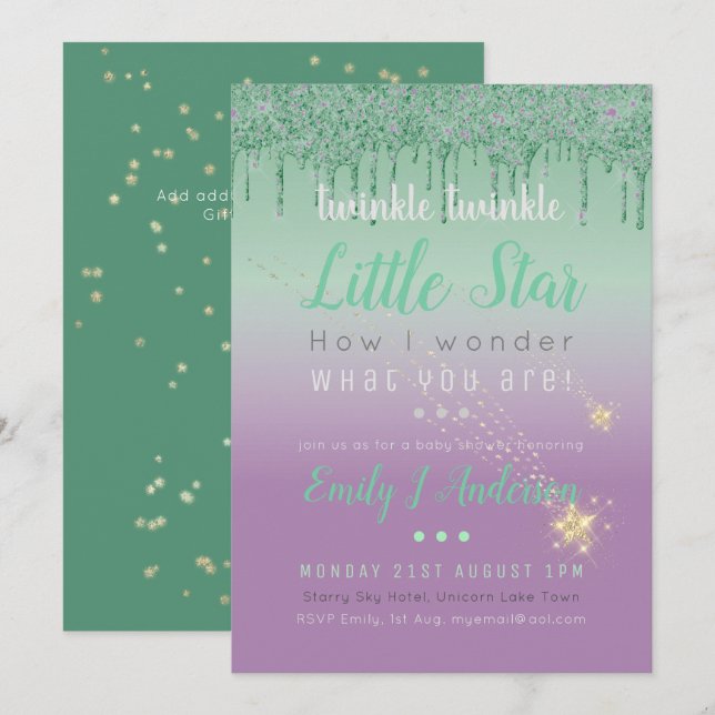 Invitation TWINKLE STAR Green Purple Drip Parties scintillant (Devant / Derrière)